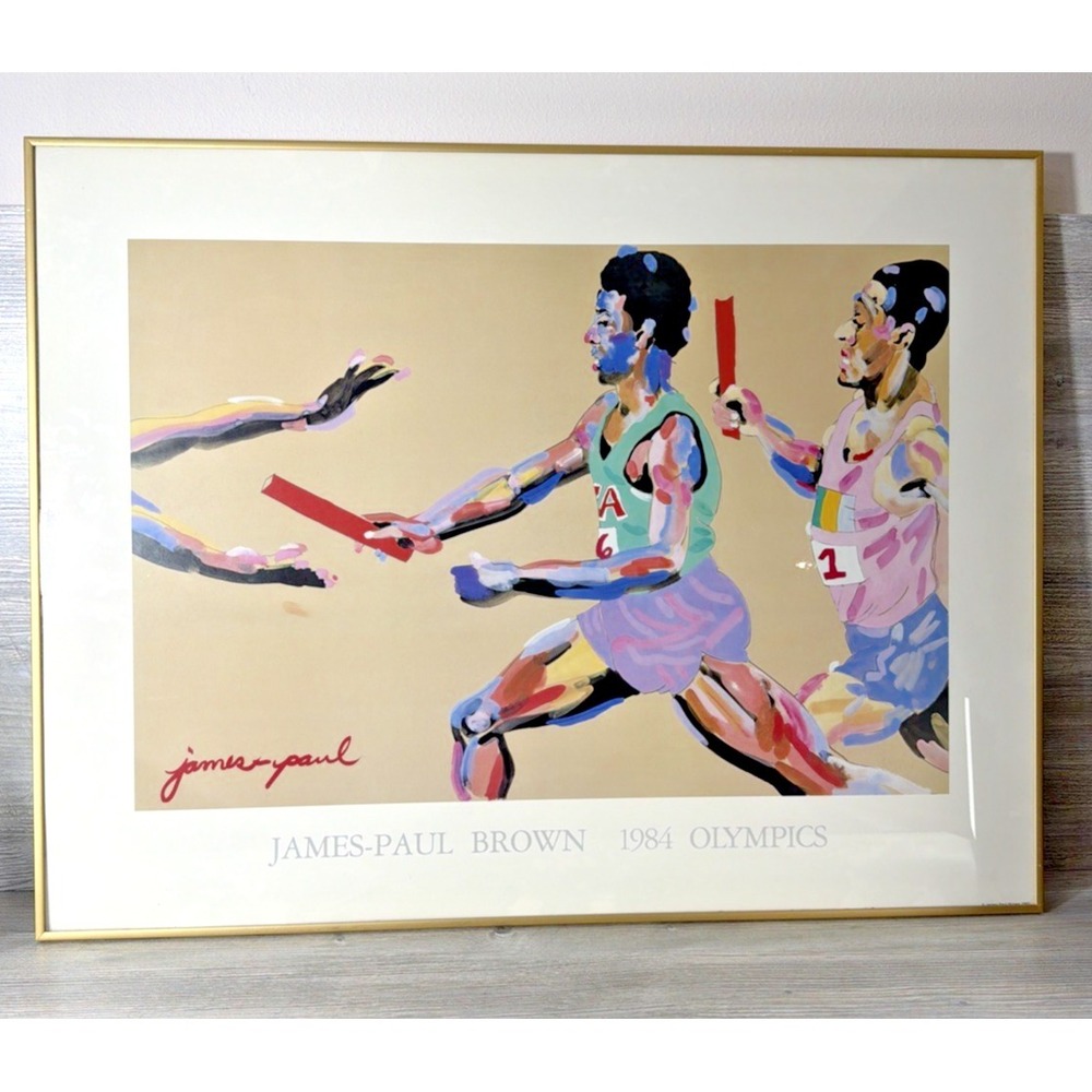1984 Summer Olympics Poster James-Paul Brown Olympic Relay Runners Vtg Signed